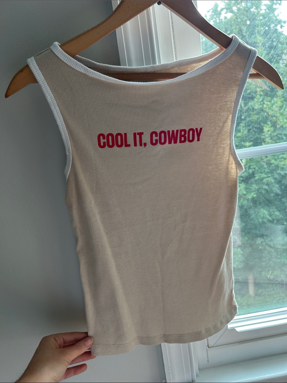 "Cool It, Cowboy" Graphic Tank Top - Beige with White Trim